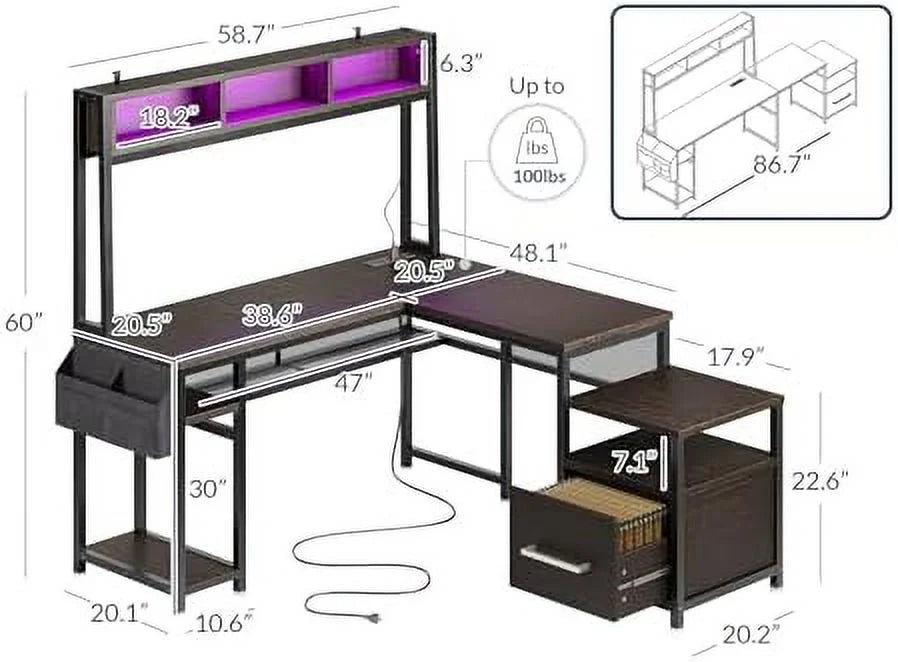 Computer Desk with Monitor Stand and File Cabinet, 104" Long L-Shaped Desk with RGB LED Lights and USB AC Outlet C758445