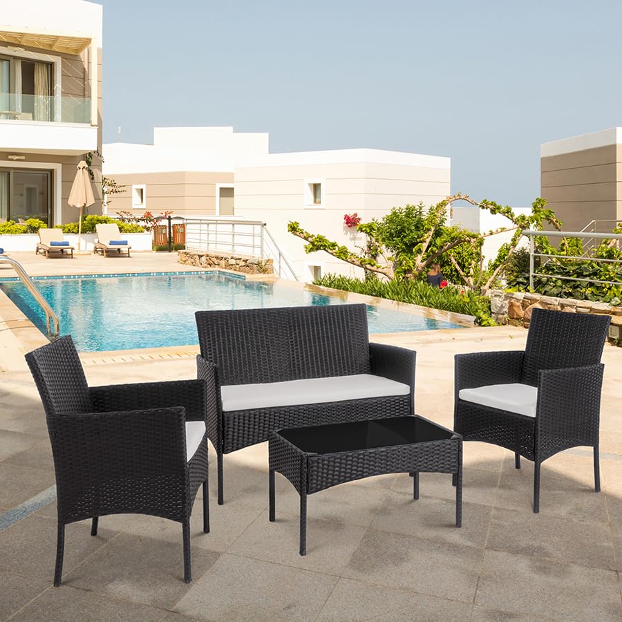 4 Piece Wicker Patio Conversation Furniture Set with Tempered Glass Coffee Table A9687
